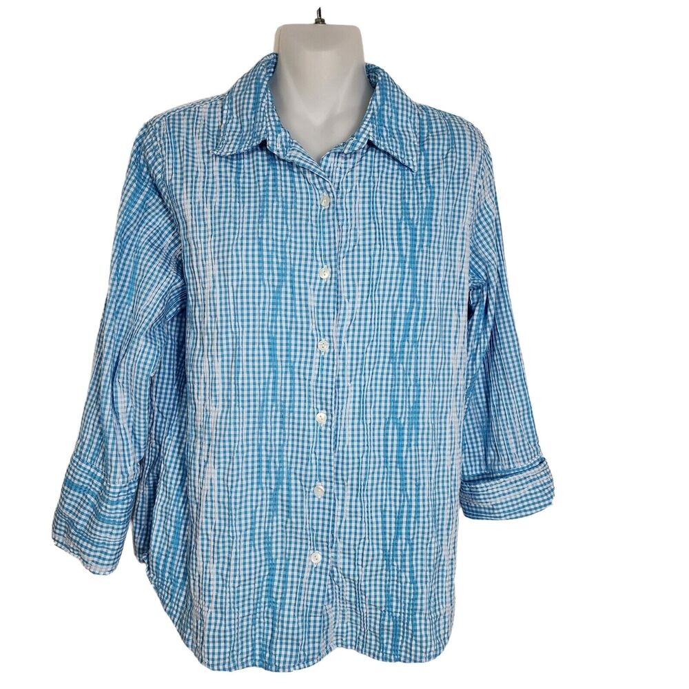 Coldwater Creek Womens Top Medium Blue Gingham Button Smocked 3/4 Sleeve Stretch